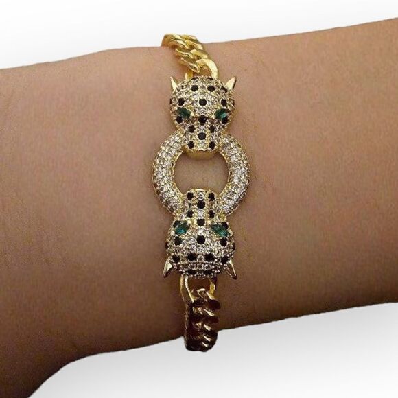 Classic Leopard Green Eye Black Cubic Zirconia 18k Gold Filled Bracelet - Picture 1 of 4